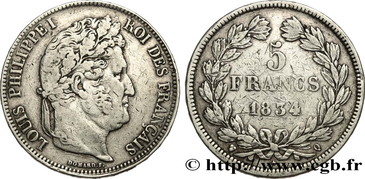 5 francs, IIe type Domard 1834 Perpignan F.324/39 BC+ 