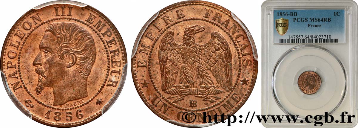 Un centime Napoléon III, tête nue 1856 Strasbourg F.102/28 fST64 PCGS