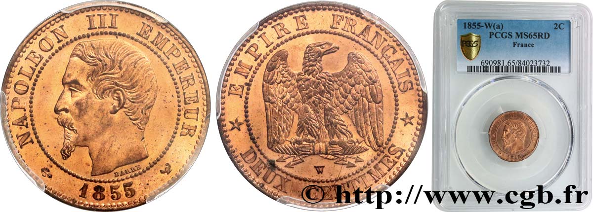 Deux centimes Napoléon III, tête nue 1855 Lille F.107/37 FDC65 PCGS