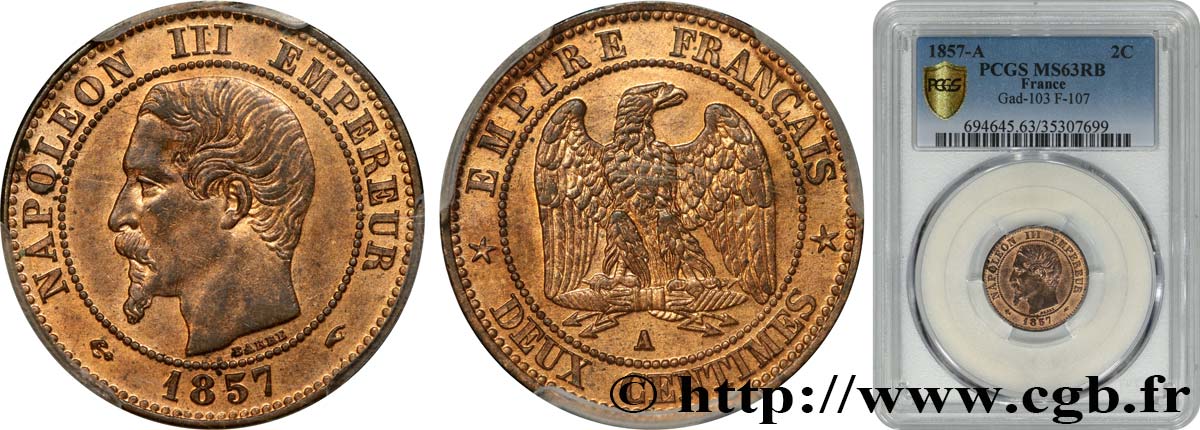 Deux centimes Napoléon III, tête nue 1857 Paris F.107/44 MS63 PCGS