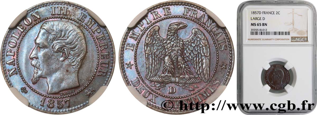 Deux centimes Napoléon III, tête nue 1857 Lyon F.107/46 MS65 NGC