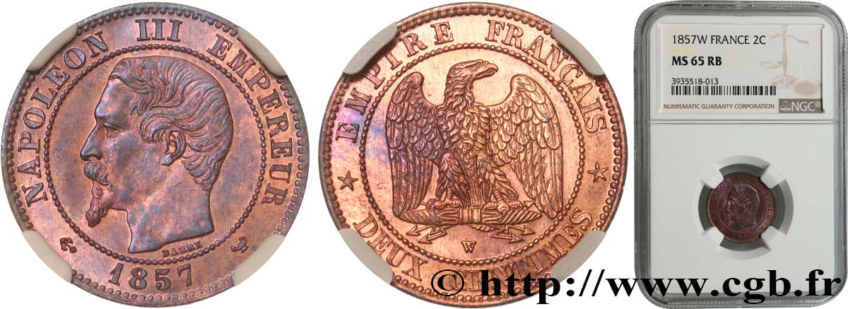 Deux centimes Napoléon III, tête nue 1857 Lille F.107/51 FDC65 NGC
