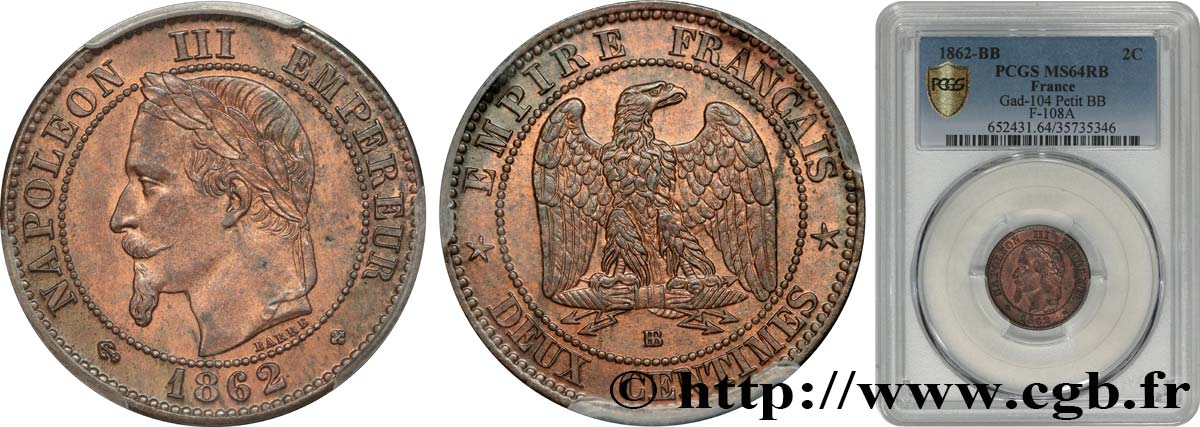 Deux centimes Napoléon III, tête laurée, buste définitif 1862 Strasbourg F.108A/5 SC64 PCGS