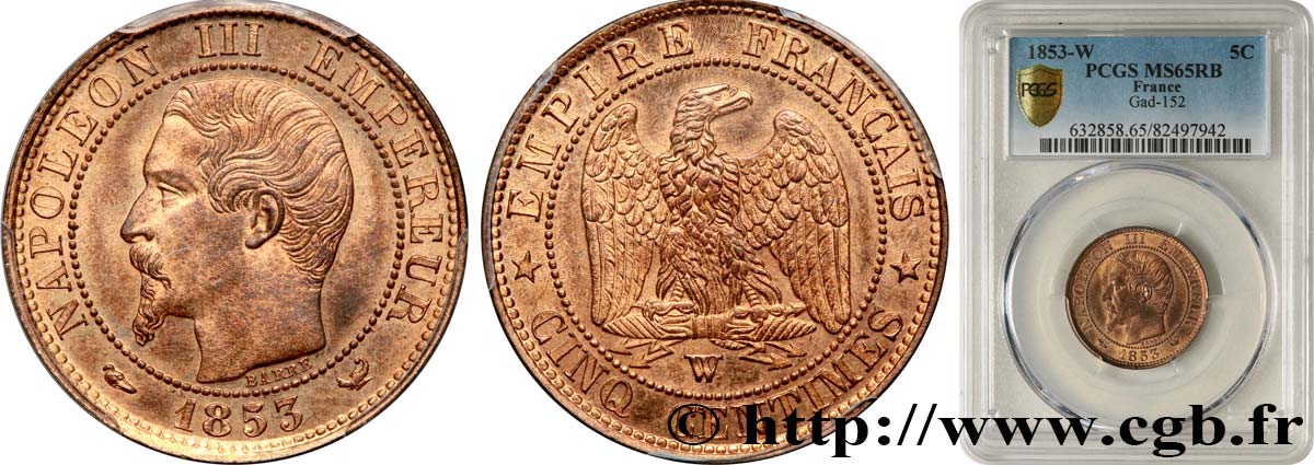 Cinq centimes Napoléon III, tête nue 1853 Lille F.116/7 ST65 PCGS