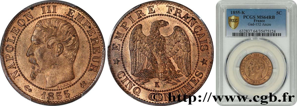 Cinq centimes Napoléon III, tête nue 1855 Bordeaux F.116/25 fST64 PCGS