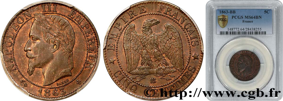 Cinq centimes Napoléon III, tête laurée 1863 Strasbourg F.117/11 SPL64 PCGS