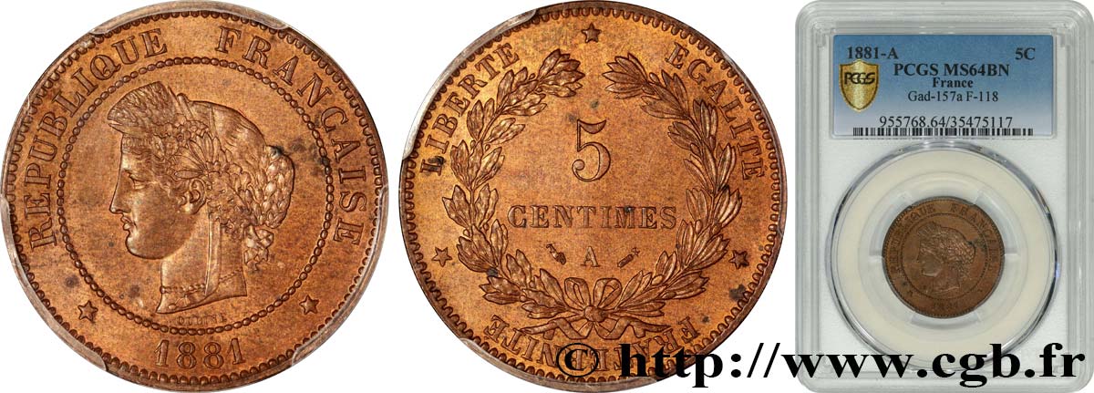 5 centimes Cérès 1881 Paris F.118/22 SPL64 PCGS