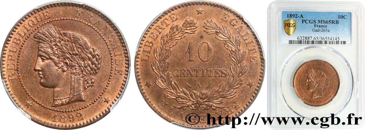 10 centimes Cérès 1892 Paris F.135/37 FDC65 PCGS