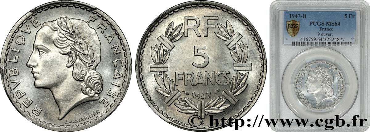 5 francs Lavrillier, aluminium 1947 Beaumont-Le-Roger F.339/11 MS64 PCGS