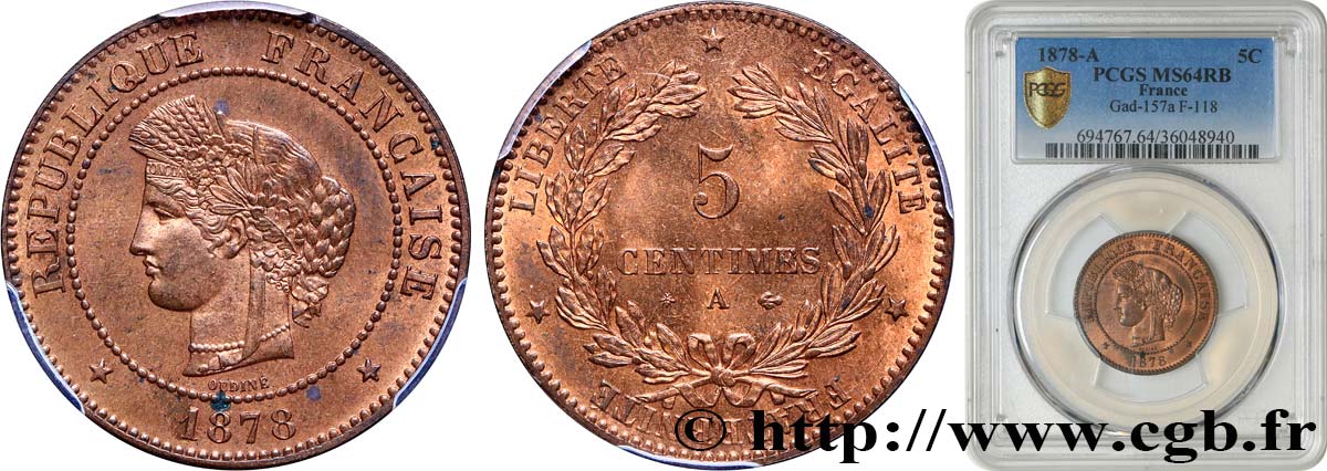 5 centimes Cérès 1878 Paris F.118/17 MS64 PCGS
