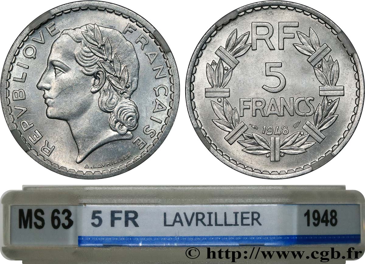 5 francs Lavrillier, aluminium, 9 fermé 1948  F.339/14 SPL63 GENI