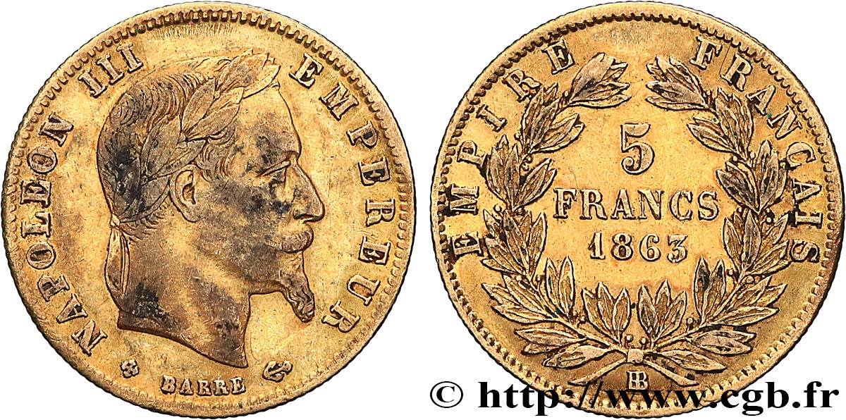 5 francs or Napoléon III, tête laurée 1863 Strasbourg F.502/4 BC+ 