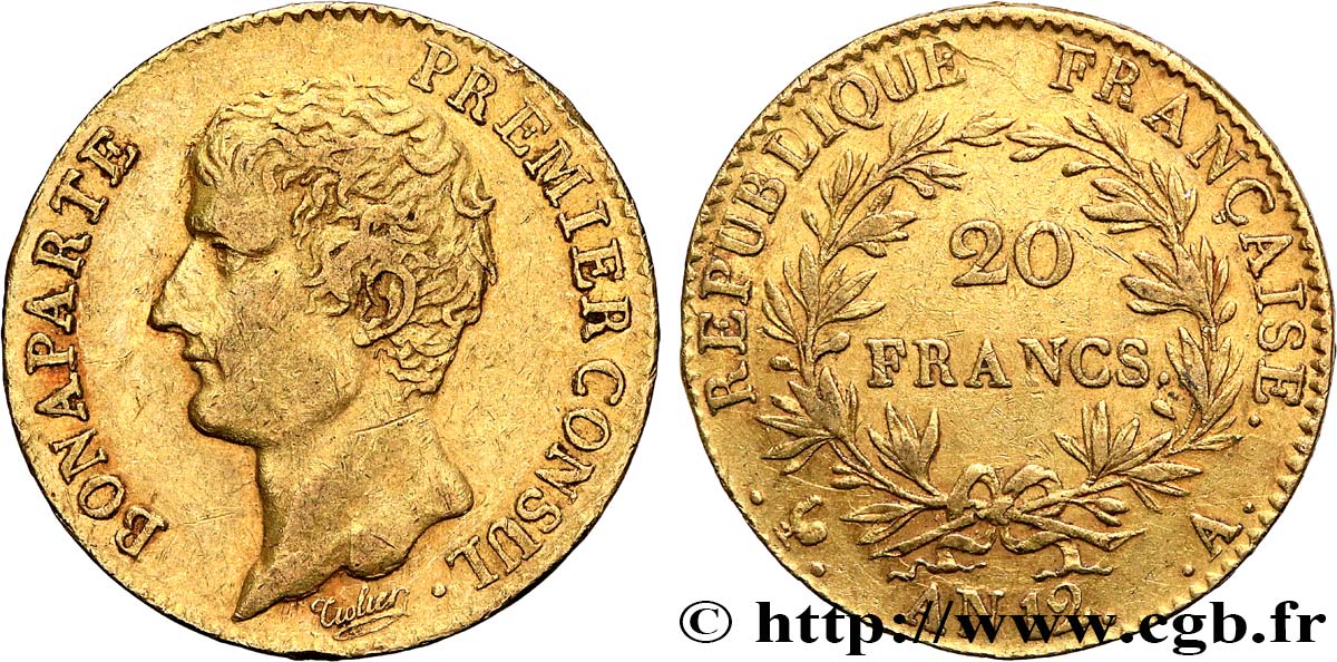 20 francs or Bonaparte Premier Consul 1804 Paris F.510/2 MBC50 