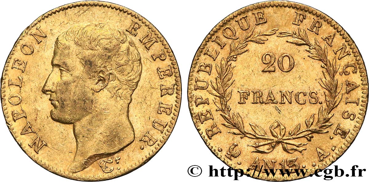 20 francs or Napoléon tête nue, Calendrier révolutionnaire 1805 Paris F.512/1 AU 