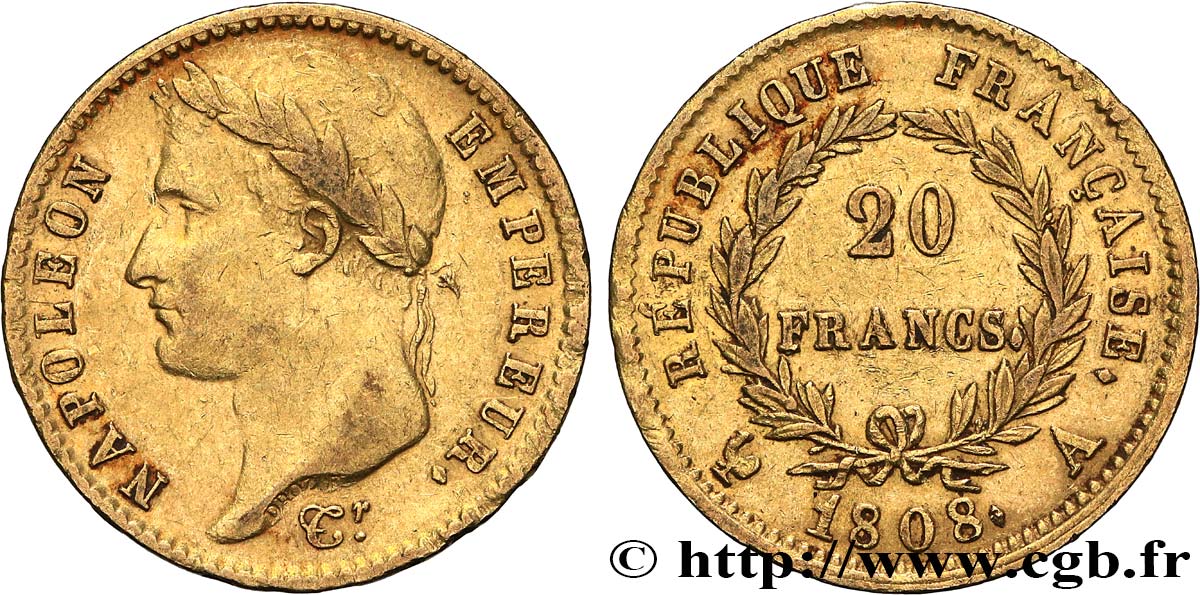 20 francs or Napoléon tête laurée, République française 1808 Paris F.515/2 SS45 