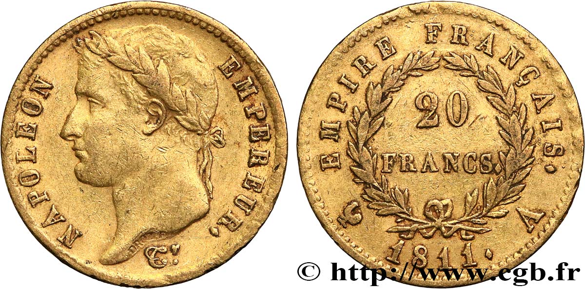 20 francs or Napoléon, tête laurée, Empire français 1811 Paris F.516/16 SS40 