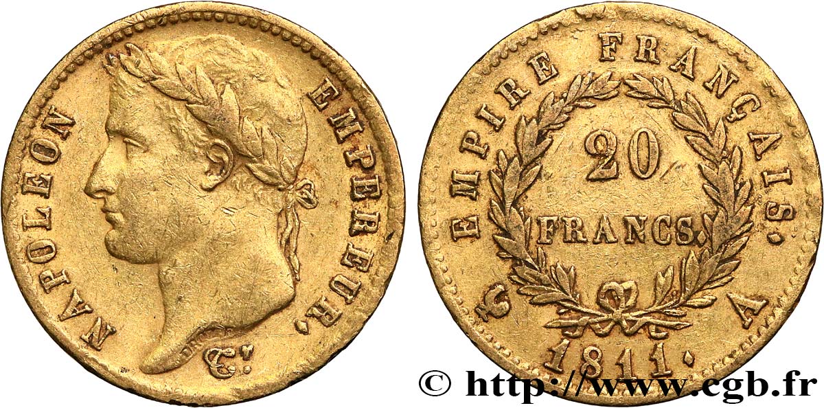 20 francs or Napoléon, tête laurée, Empire français 1811 Paris F.516/16 MBC40 