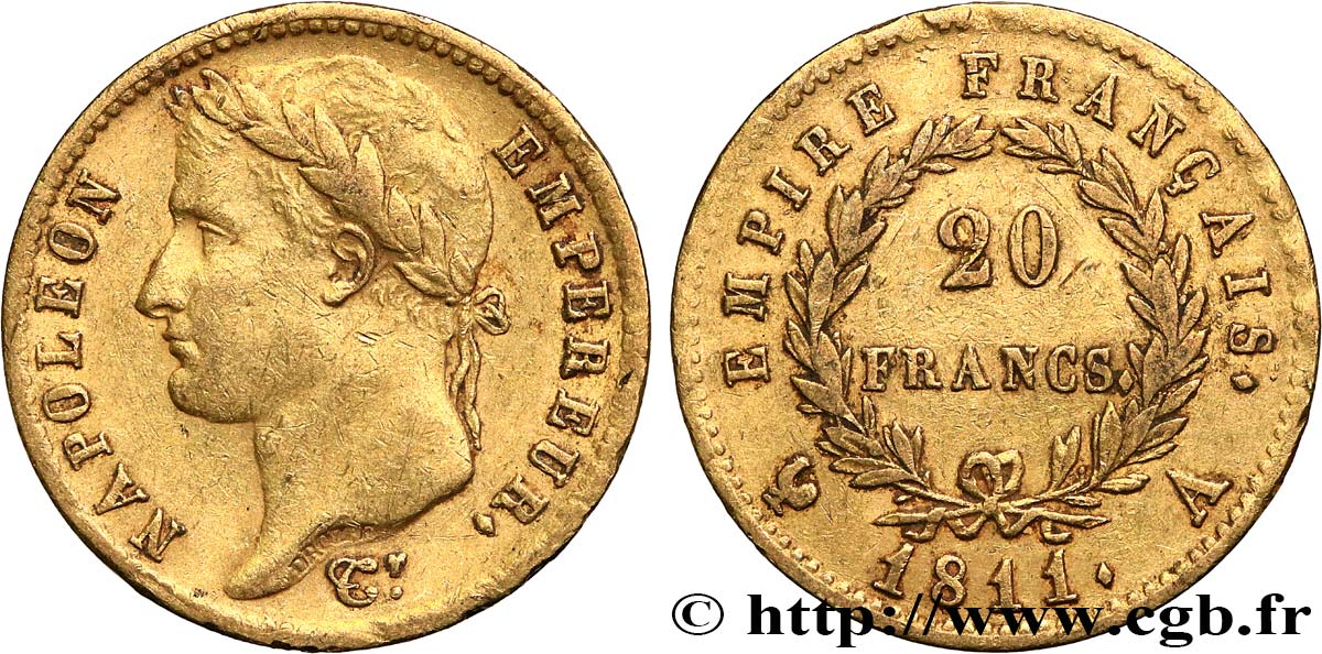 20 francs or Napoléon, tête laurée, Empire français 1811 Paris F.516/16 XF40 