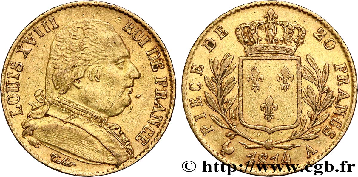 20 francs or Louis XVIII, buste habillé 1814 Paris F.517/2 SS50 