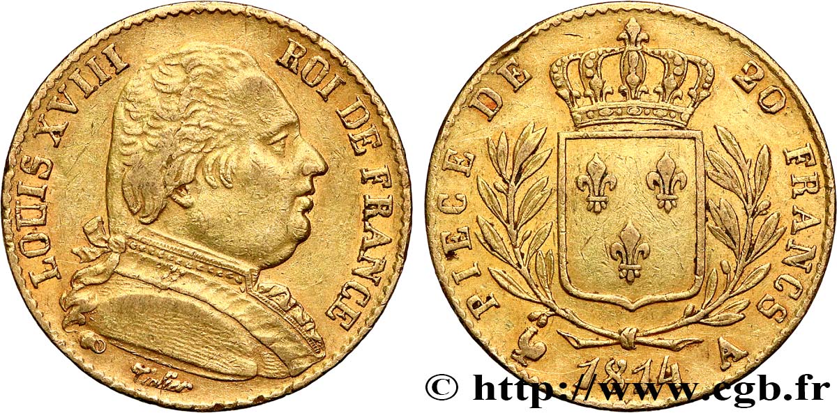 20 francs or Louis XVIII, buste habillé 1814 Paris F.517/2 XF45 