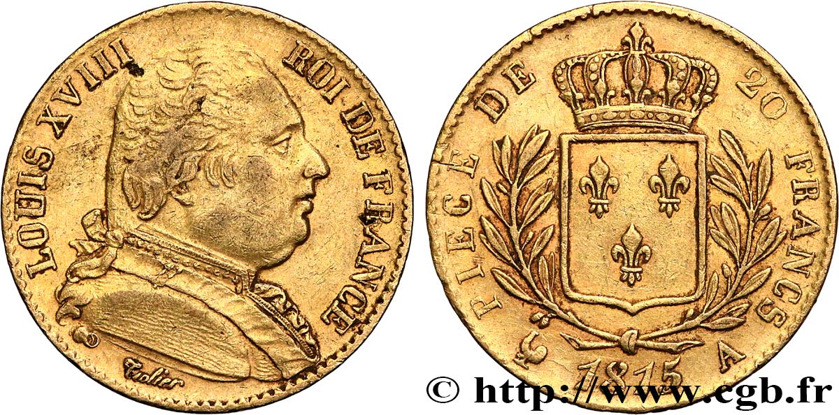 20 francs or Louis XVIII, buste habillé 1815 Paris F.517/10 XF 