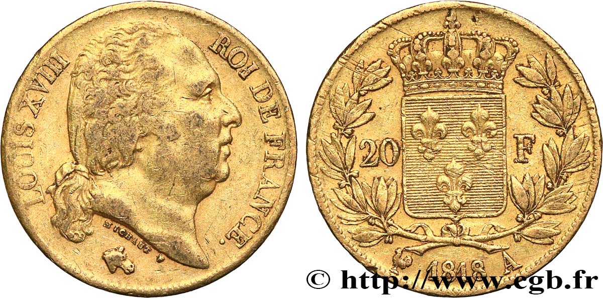 20 francs or Louis XVIII, tête nue 1818 Paris F.519/10 MBC 