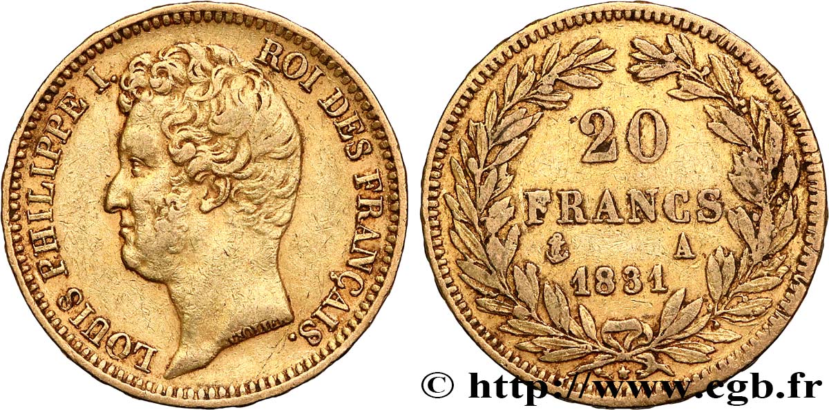 20 francs or Louis-Philippe, Tiolier, tranche inscrite en relief 1831 Paris F.525/2 MB35 