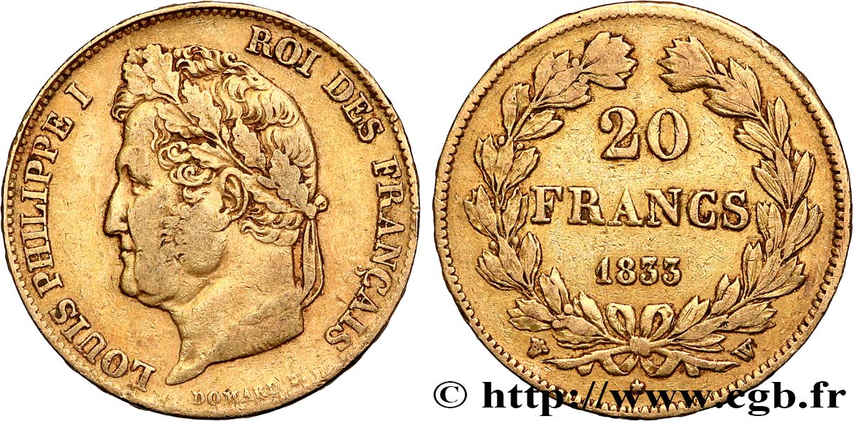 20 francs or Louis-Philippe, Domard 1833 Lille F.527/6 VF35 