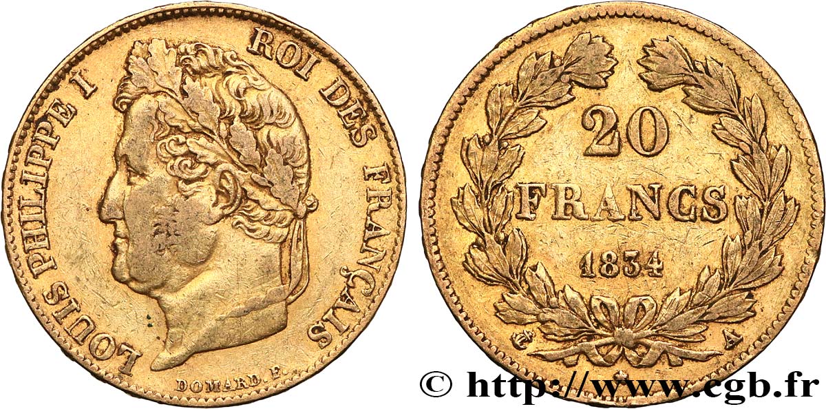 20 francs or Louis-Philippe, Domard 1834 Paris F.527/7 TB35 