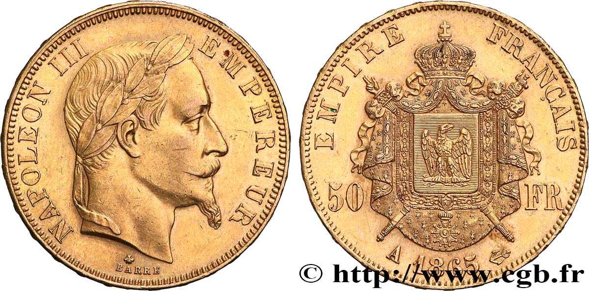 50 francs or Napoléon III, tête laurée 1865 Paris F.548/5 VZ 