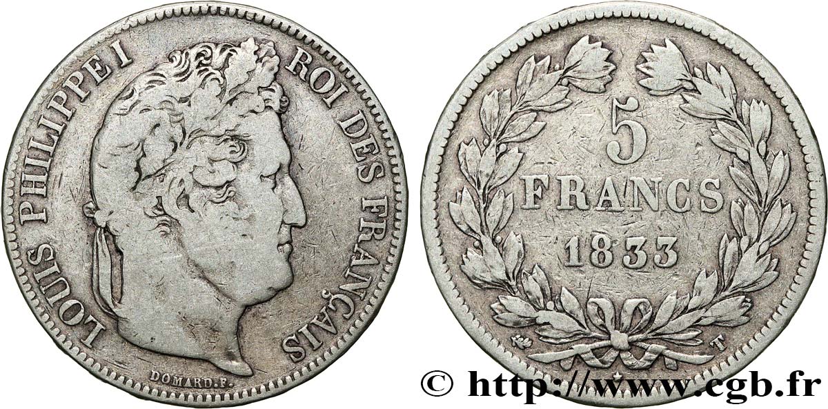 5 francs IIe type Domard 1833 Nantes F.324/26 TB 