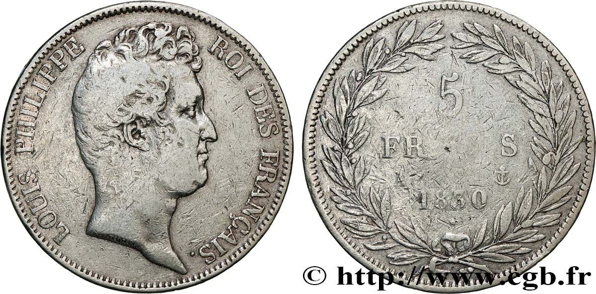 5 francs type Tiolier sans le I, tranche en creux 1830 Paris F.313/1 S 