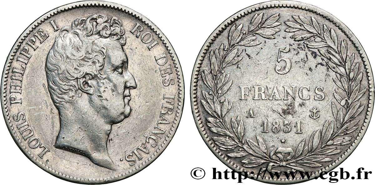 5 francs type Tiolier avec le I, tranche en creux 1831 Paris F.315/14 TTB 