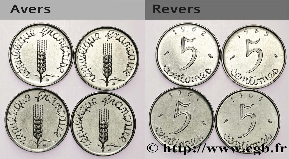 Lot de 4 x 5 centimes Épi 1961-1964  F.124/3 AU/AU 