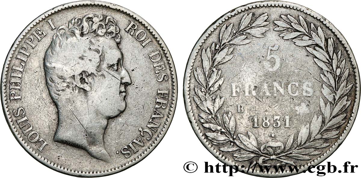 5 francs type Tiolier avec le I, tranche en creux 1831 Rouen F.315/15 TB 