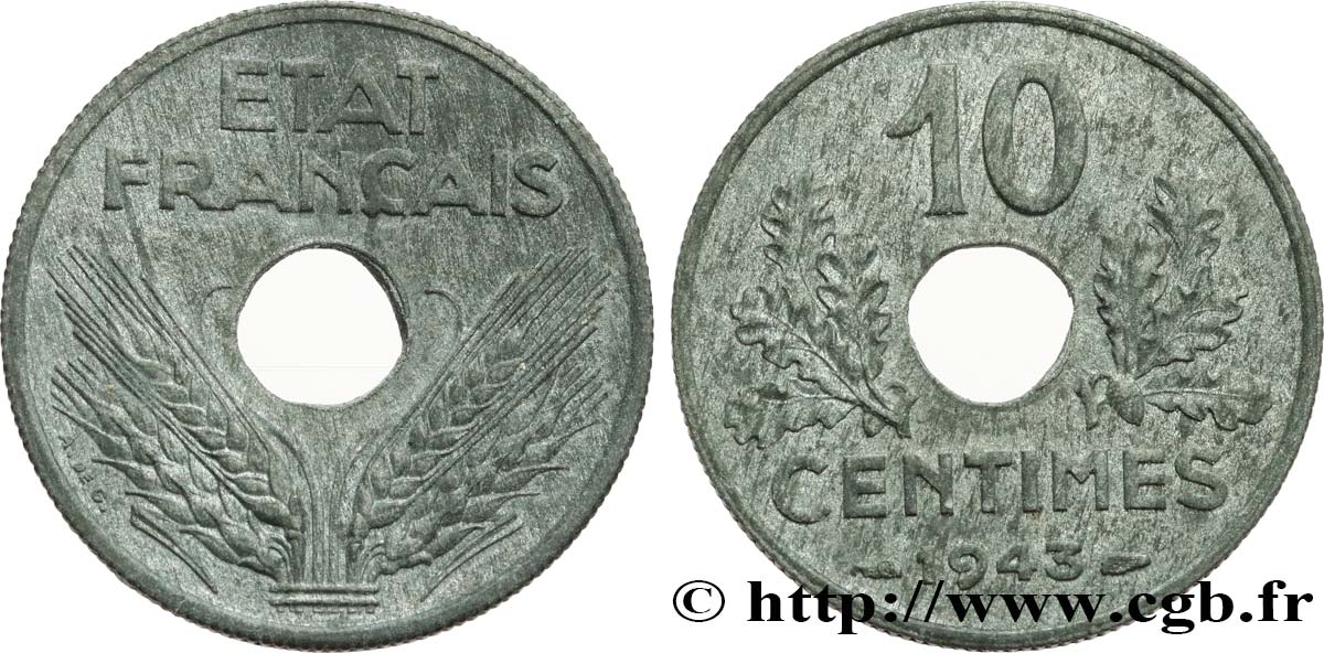 10 centimes État français, grand module 1943  F.141/5 TTB53 