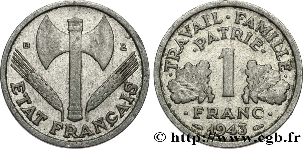 1 franc Francisque, légère 1943 Beaumont-Le-Roger F.223/4 TB15 