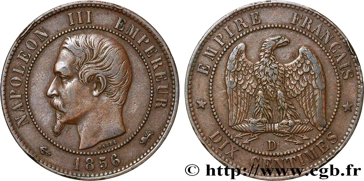 Dix centimes Napoléon III, tête nue 1856 Lyon F.133/37 MBC45 