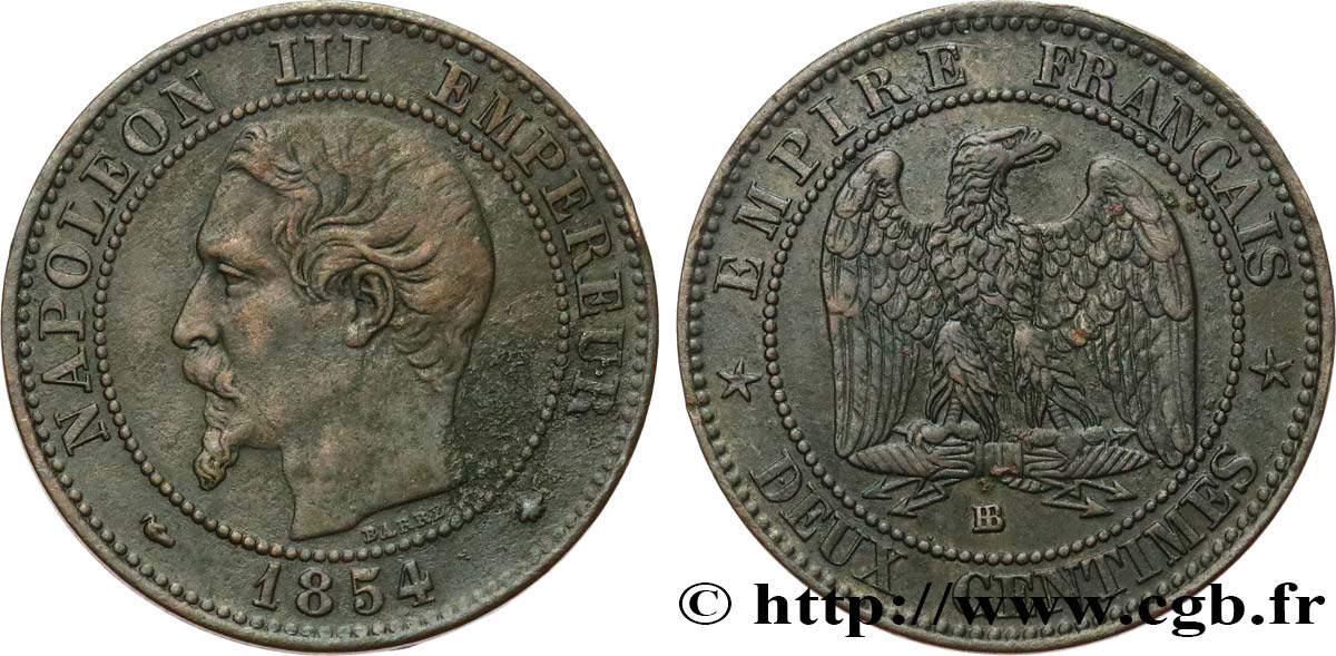 Deux centimes Napoléon III, tête nue 1854 Strasbourg F.107/11 BC+ 