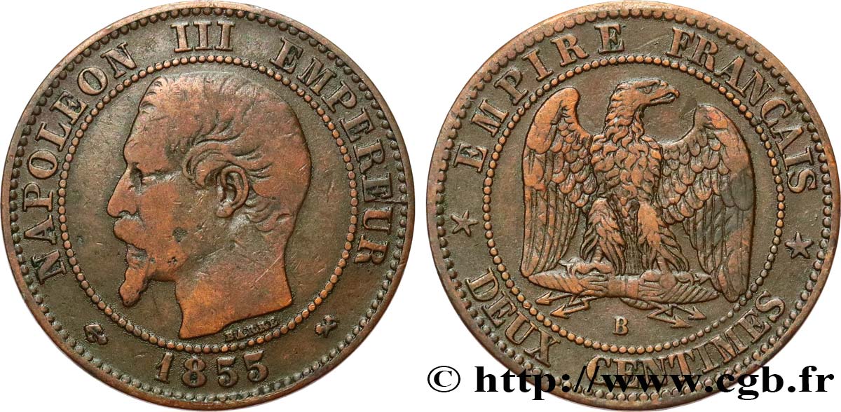 Deux centimes Napoléon III, tête nue, différent ancre 1855 Rouen F.107/22 S15 