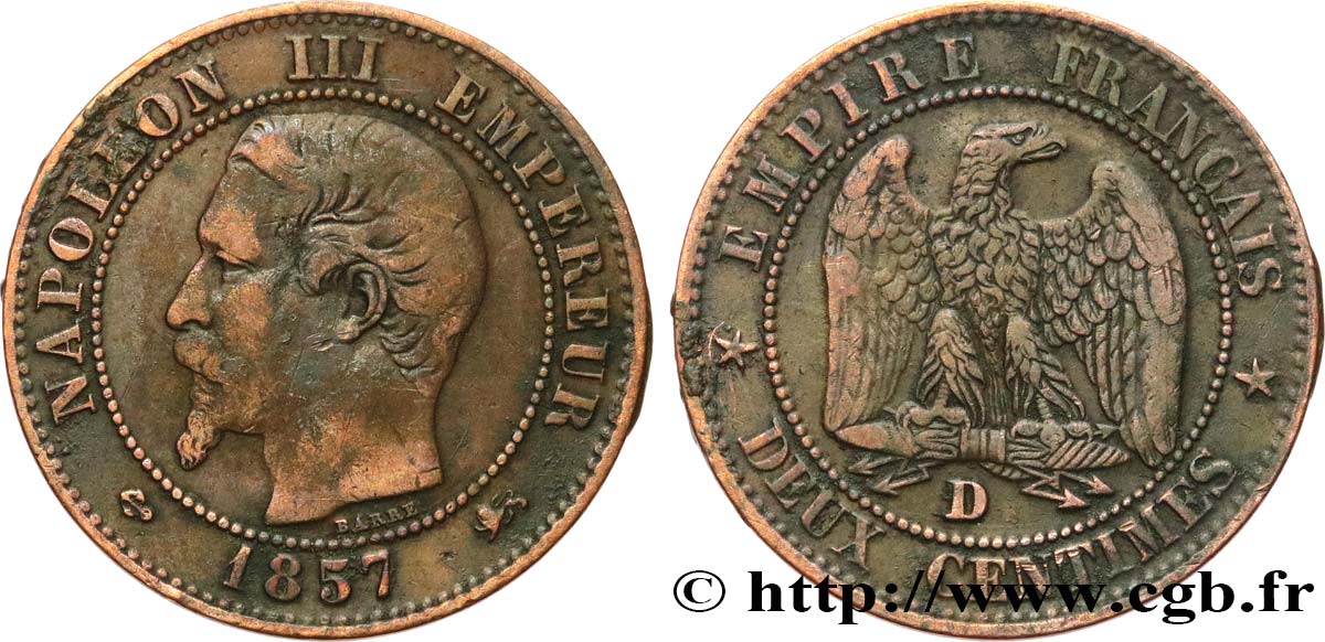 Deux centimes Napoléon III, tête nue 1857 Lyon F.107/46 BC 