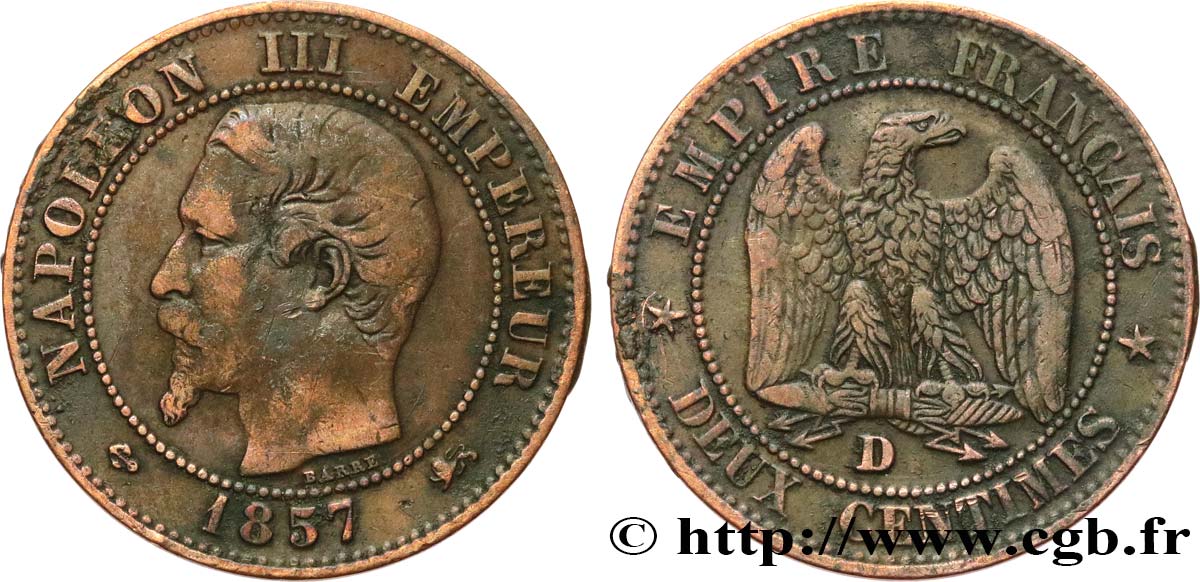 Deux centimes Napoléon III, tête nue 1857 Lyon F.107/46 MB 