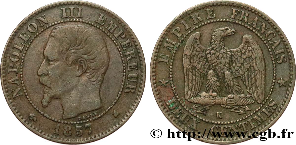 Deux centimes Napoléon III, tête nue 1857 Bordeaux F.107/49 MB35 