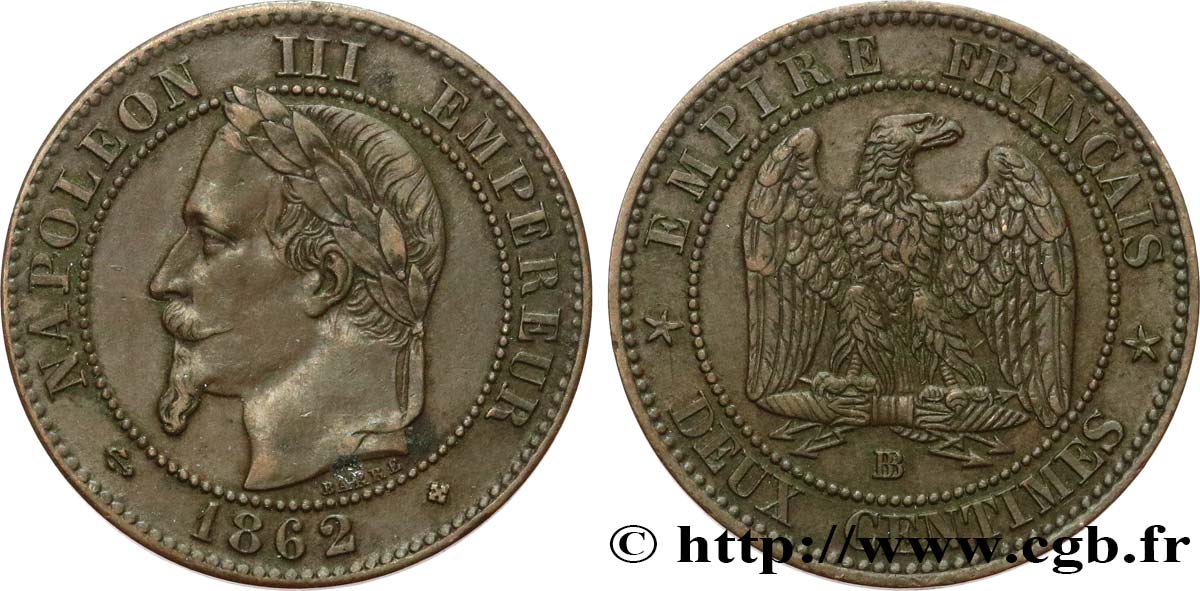 Deux centimes Napoléon III, tête laurée 1862 Strasbourg F.108A/6 TTB50 