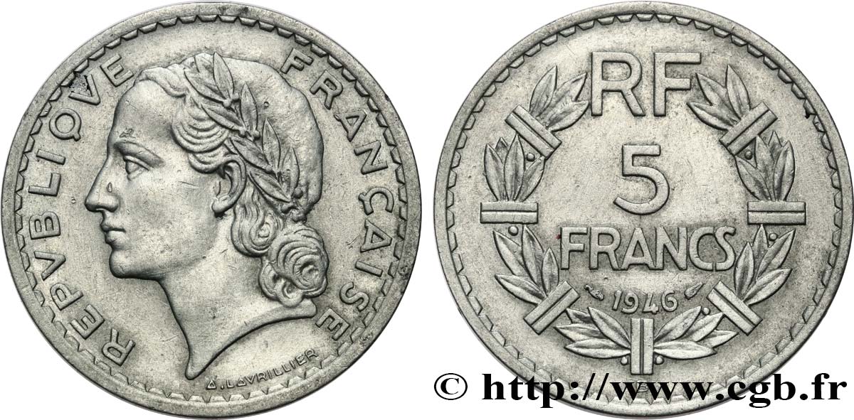 5 francs Lavrillier, aluminium 1946 Beaumont-Le-Roger F.339/7 XF 