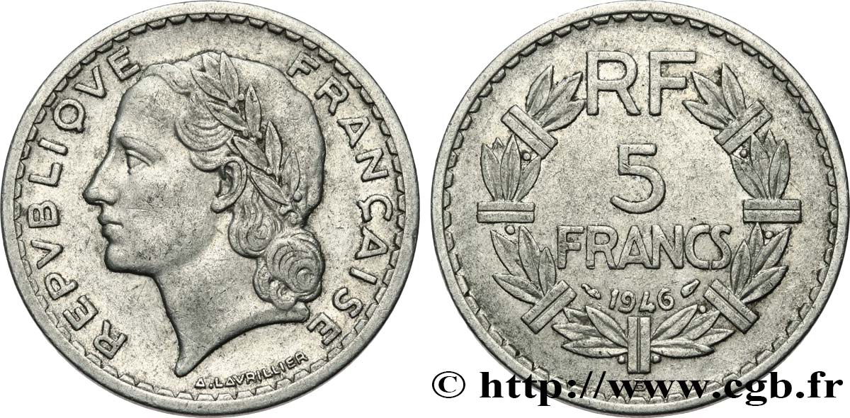 5 francs Lavrillier, aluminium 1946 Beaumont-Le-Roger F.339/7 VF35 