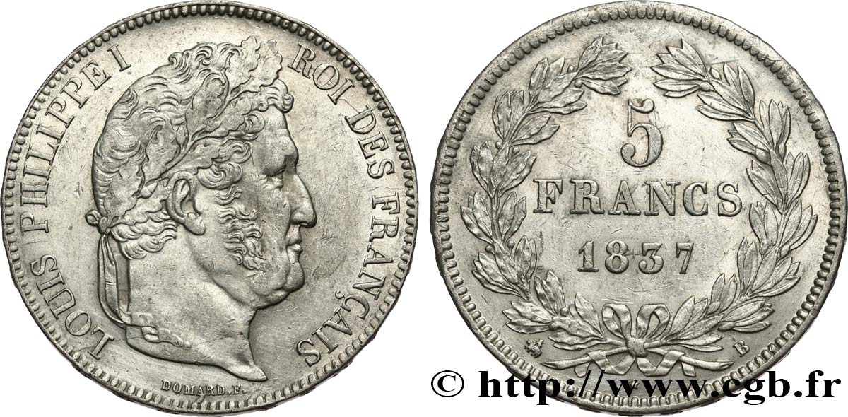 5 francs IIe type Domard 1837 Rouen F.324/62 SUP55 