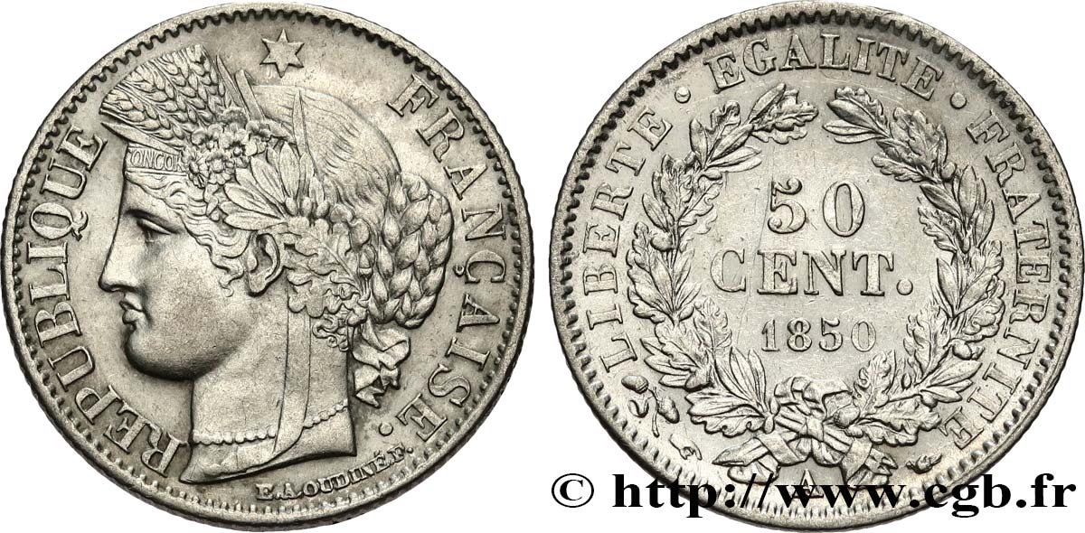 50 centimes Cérès, IIe République 1850 Paris F.184/2 SUP62 