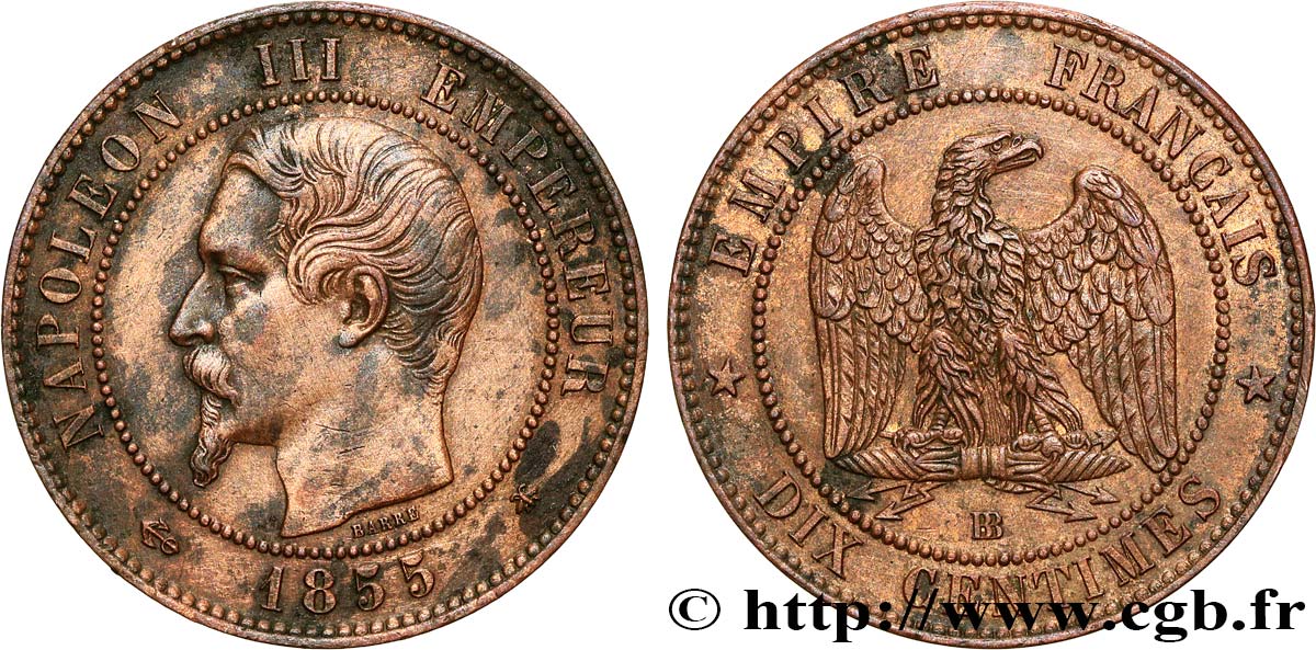 Dix centimes Napoléon III, tête nue, différent ancre 1855 Strasbourg F.133/24 TTB+ 