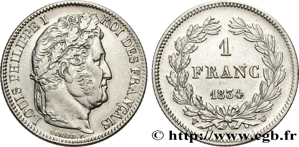 1 franc Louis-Philippe, couronne de chêne 1834 Lille F.210/39 SUP60 